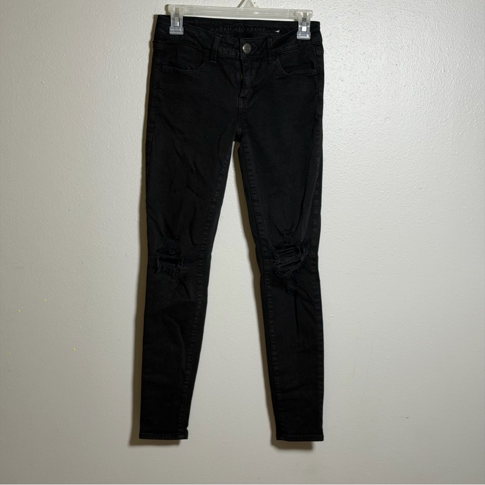 American Eagle Women Denim‎ Black Distressed Jegging Jeans Next Level Stretch 4